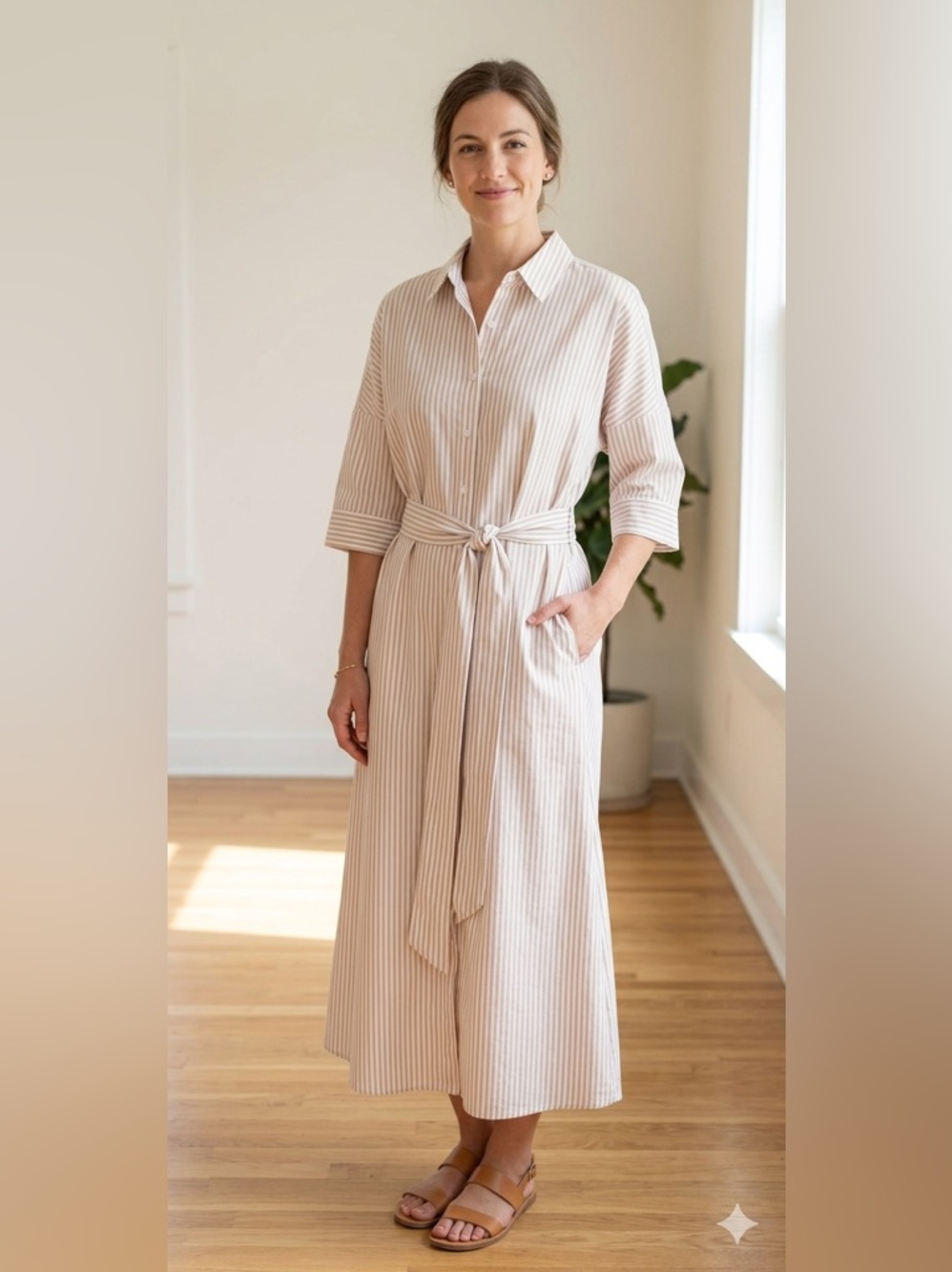 Striped Cotton Maxi Shirt Dress with Tie Waist - Beige & White - Sz L